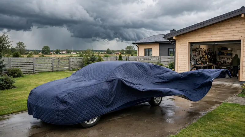 Auto przykryte grubym pokrowcem na podjeździe przed domem, nad nim ciemne chmury burzowe