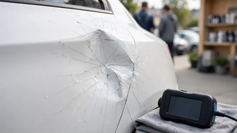 Ostre wgniecenie na drzwiach z pękniętym lakierem i miernik grubości lakieru