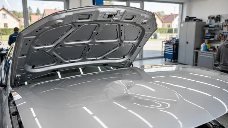 Otwarta aluminiowa maska srebrnego auta pod lampą, pasy światła zaburzone przez jedno wgniecenie