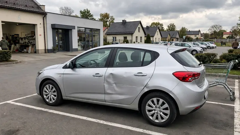 Wgniecenie na tylnych drzwiach srebrnego auta na parkingu przed sklepem, obok wózek sklepowy