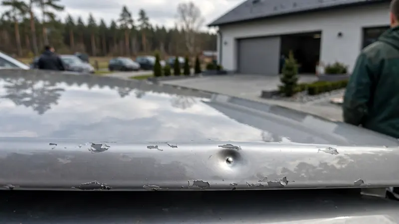 Odpryski lakieru i małe wgniecenie od kamienia na przedniej krawędzi srebrnej maski