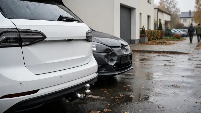 Kula haka holowniczego kombi i wgnieciony przedni zderzak auta zaparkowanego tuż za nim