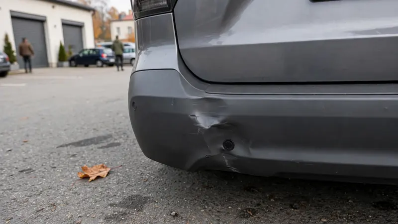 Płytkie wgniecenie w tylnym plastikowym zderzaku nad czujnikiem parkowania