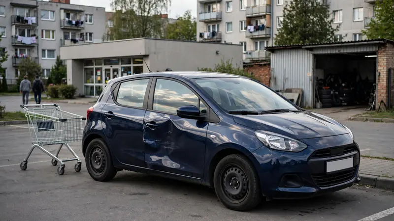 Płytkie wgniecenie na drzwiach granatowego auta zaparkowanego przy markecie - usuwanie wgnieceń parkingowych w Łodzi