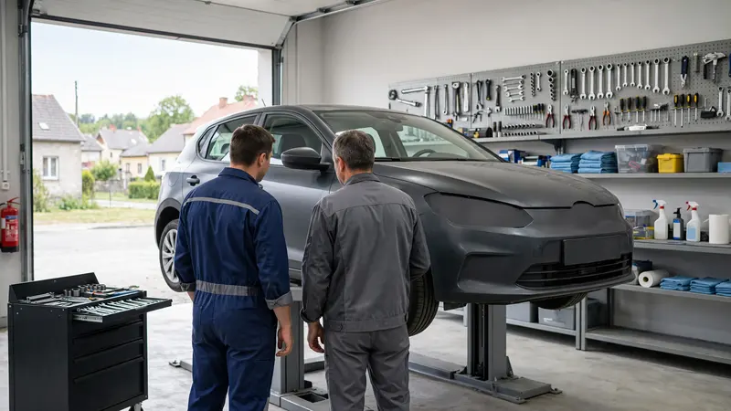 Dwóch mechaników rozmawia przy podniesionym aucie w warsztacie, widoczni od tyłu